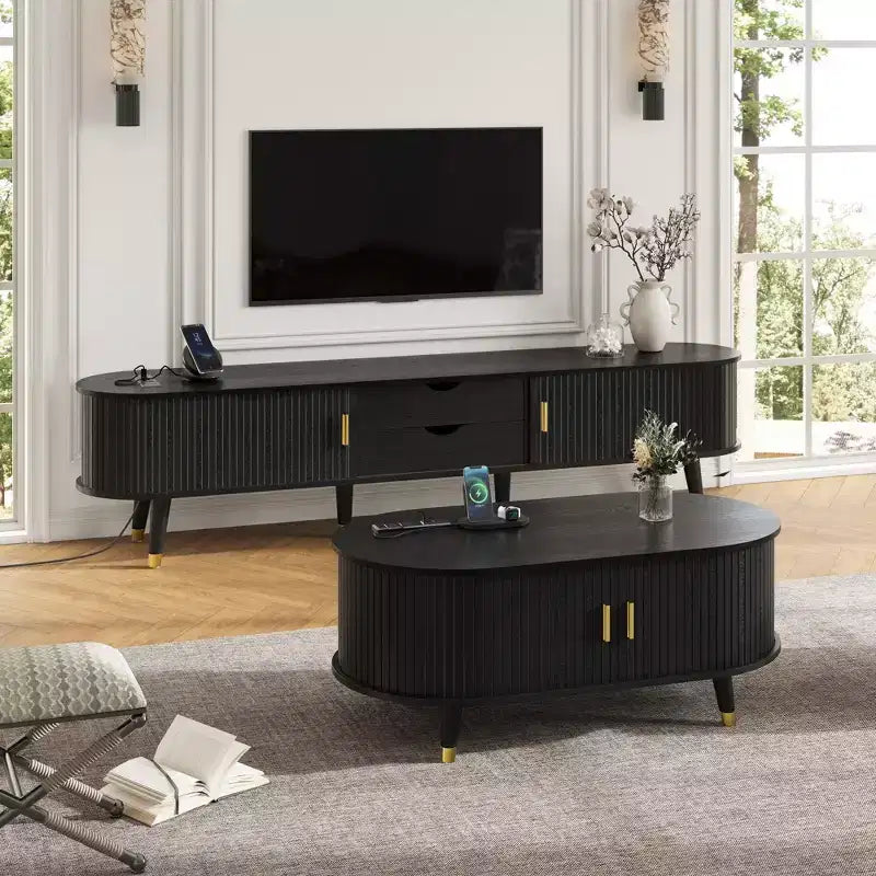 GDFStudio Olivia Mid-Century Modern Wooden Fluted TV Stand and Coffee Table Set with Charging Station, Sliding Doors and Storage