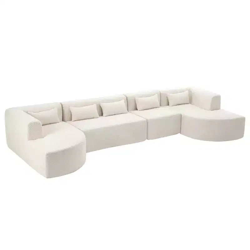 Divano Bouclé Beige/Nero/Blu/Rosa con Chaise Longue, 5 posti