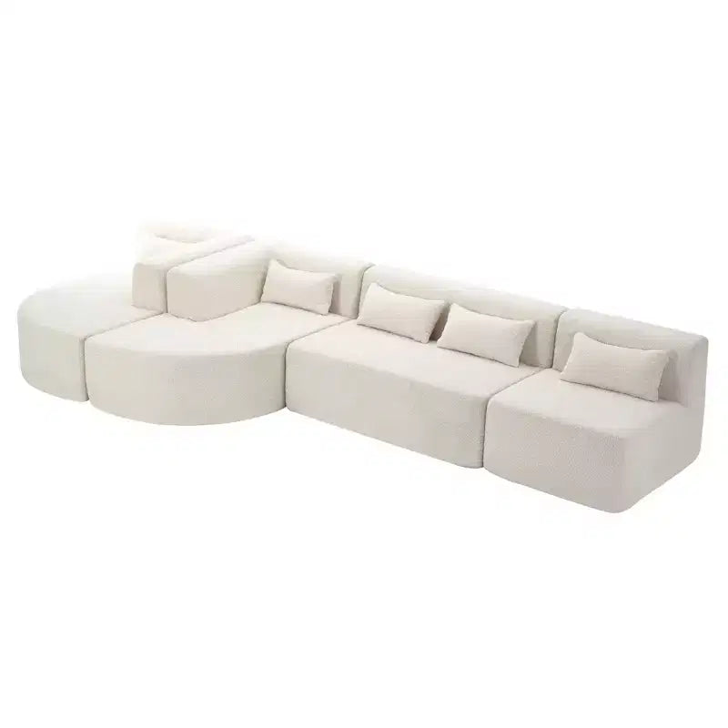 Divano Bouclé Beige/Nero/Blu/Rosa con Chaise Longue, 5 posti