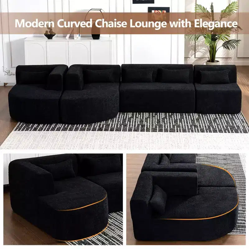 Divano Bouclé Beige/Nero/Blu/Rosa con Chaise Longue, 5 posti