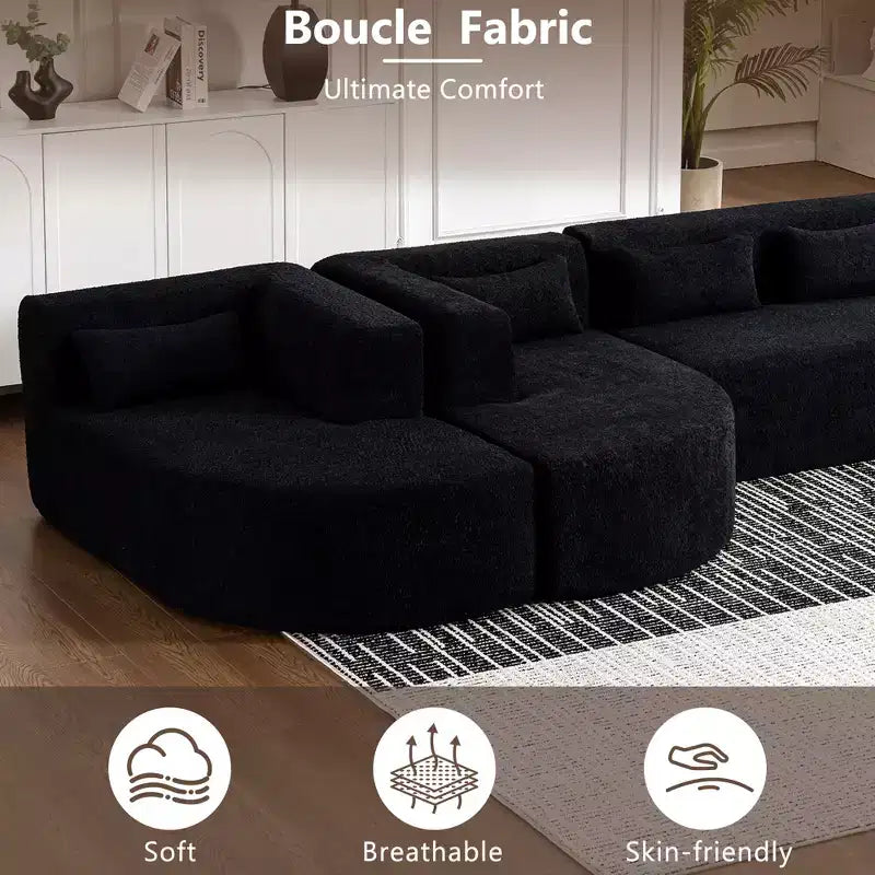 Divano Bouclé Beige/Nero/Blu/Rosa con Chaise Longue, 5 posti