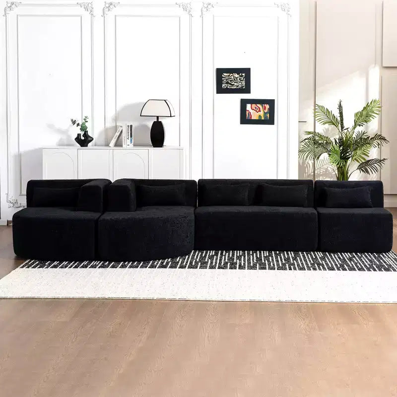 Divano Bouclé Beige/Nero/Blu/Rosa con Chaise Longue, 5 posti