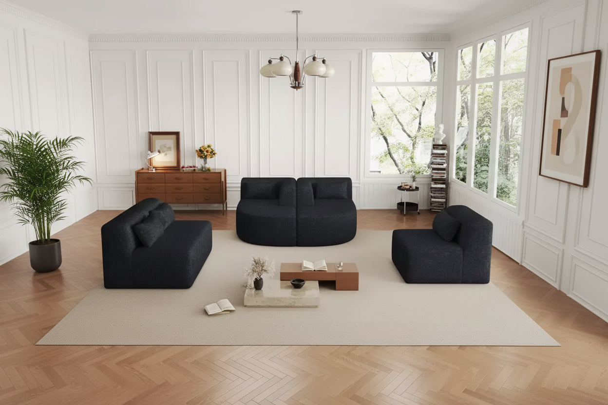 Divano Bouclé Beige/Nero/Blu/Rosa con Chaise Longue, 5 posti
