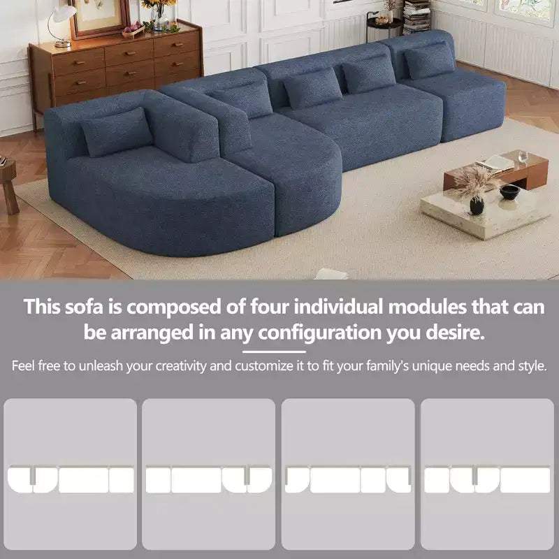 Divano Bouclé Beige/Nero/Blu/Rosa con Chaise Longue, 5 posti