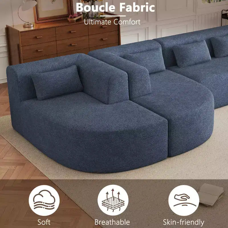 Divano Bouclé Beige/Nero/Blu/Rosa con Chaise Longue, 5 posti
