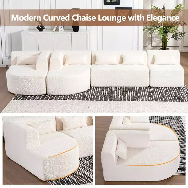 Divano Bouclé Beige/Nero/Blu/Rosa con Chaise Longue, 5 posti