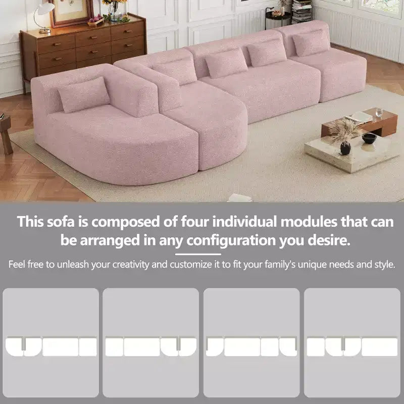Divano Bouclé Beige/Nero/Blu/Rosa con Chaise Longue, 5 posti