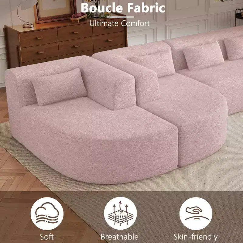 Divano Bouclé Beige/Nero/Blu/Rosa con Chaise Longue, 5 posti