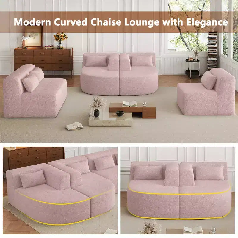 Divano Bouclé Beige/Nero/Blu/Rosa con Chaise Longue, 5 posti