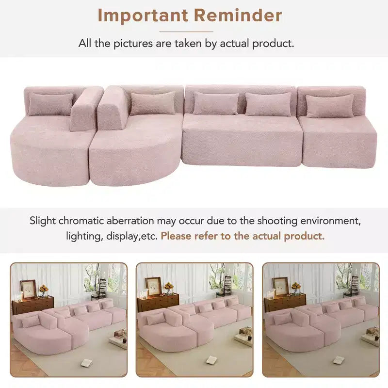Divano Bouclé Beige/Nero/Blu/Rosa con Chaise Longue, 5 posti