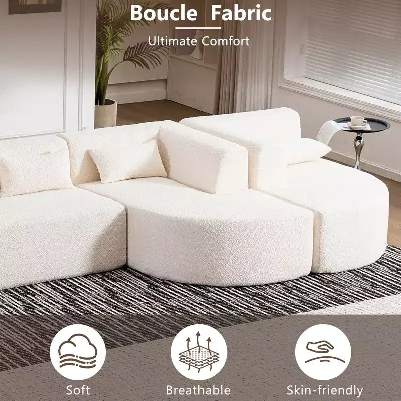 Divano Bouclé Beige/Nero/Blu/Rosa con Chaise Longue, 5 posti