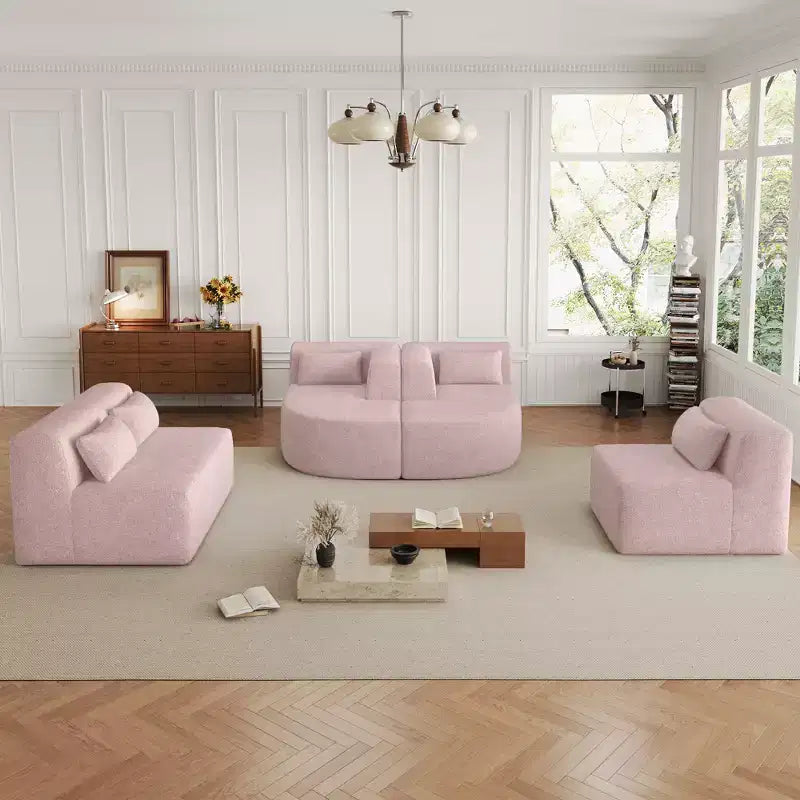 Divano Bouclé Beige/Nero/Blu/Rosa con Chaise Longue, 5 posti