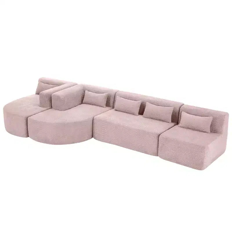Divano Bouclé Beige/Nero/Blu/Rosa con Chaise Longue, 5 posti