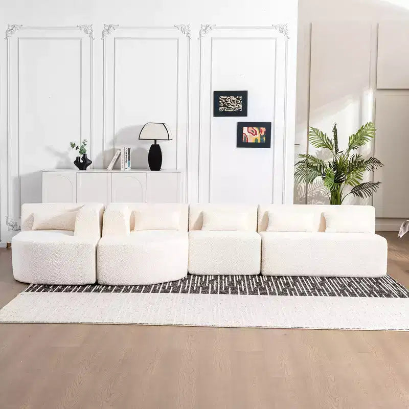Divano Bouclé Beige/Nero/Blu/Rosa con Chaise Longue, 5 posti