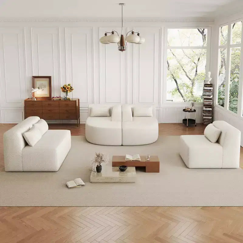 Divano Bouclé Beige/Nero/Blu/Rosa con Chaise Longue, 5 posti
