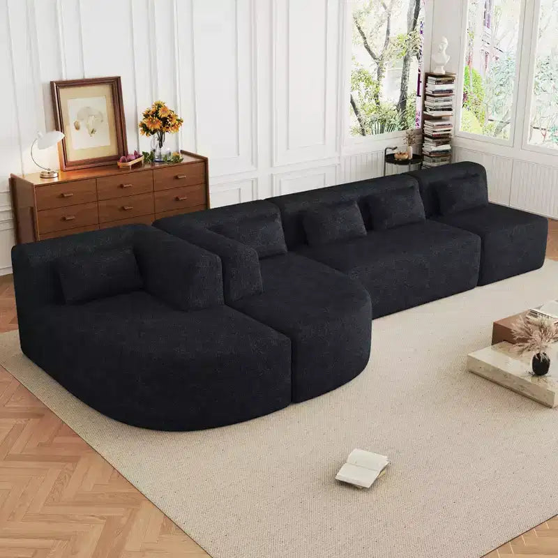 Divano Bouclé Beige/Nero/Blu/Rosa con Chaise Longue, 5 posti