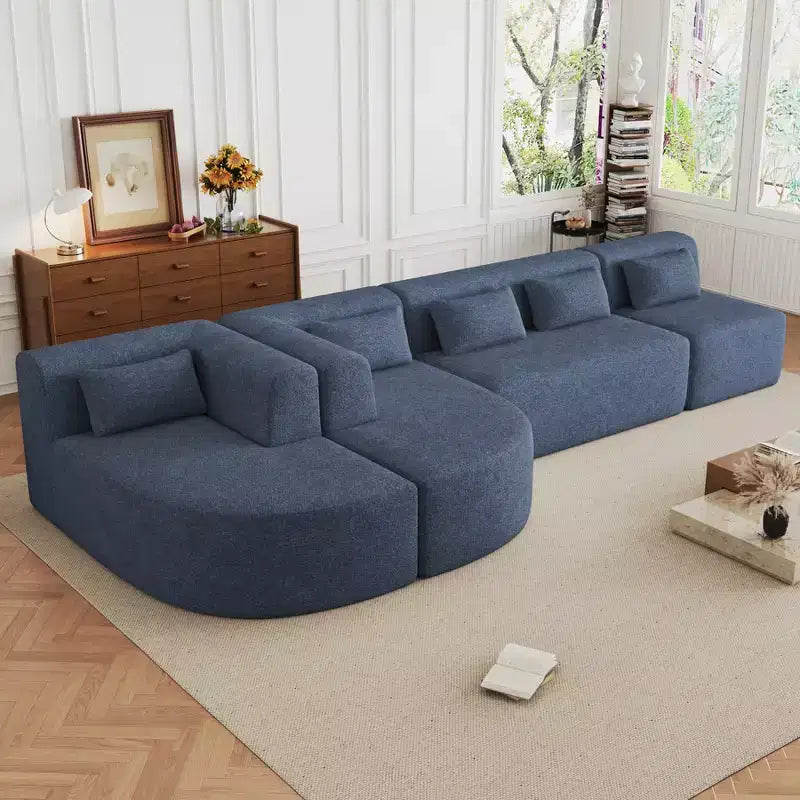 Divano Bouclé Beige/Nero/Blu/Rosa con Chaise Longue, 5 posti