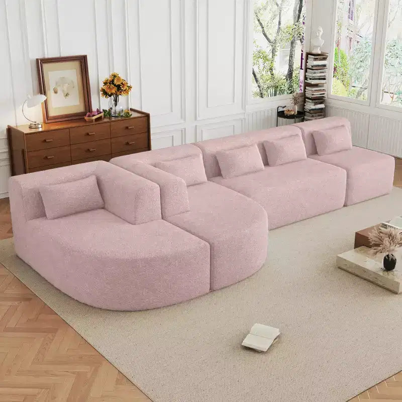 Divano Bouclé Beige/Nero/Blu/Rosa con Chaise Longue, 5 posti