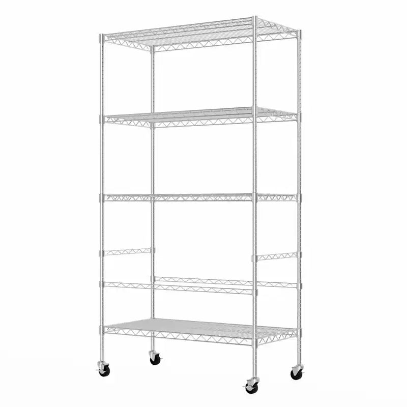 Scaffale a 4 Ripiani in Filo Metallico Argentato con Ruote (Montaggio da 1 Persona)