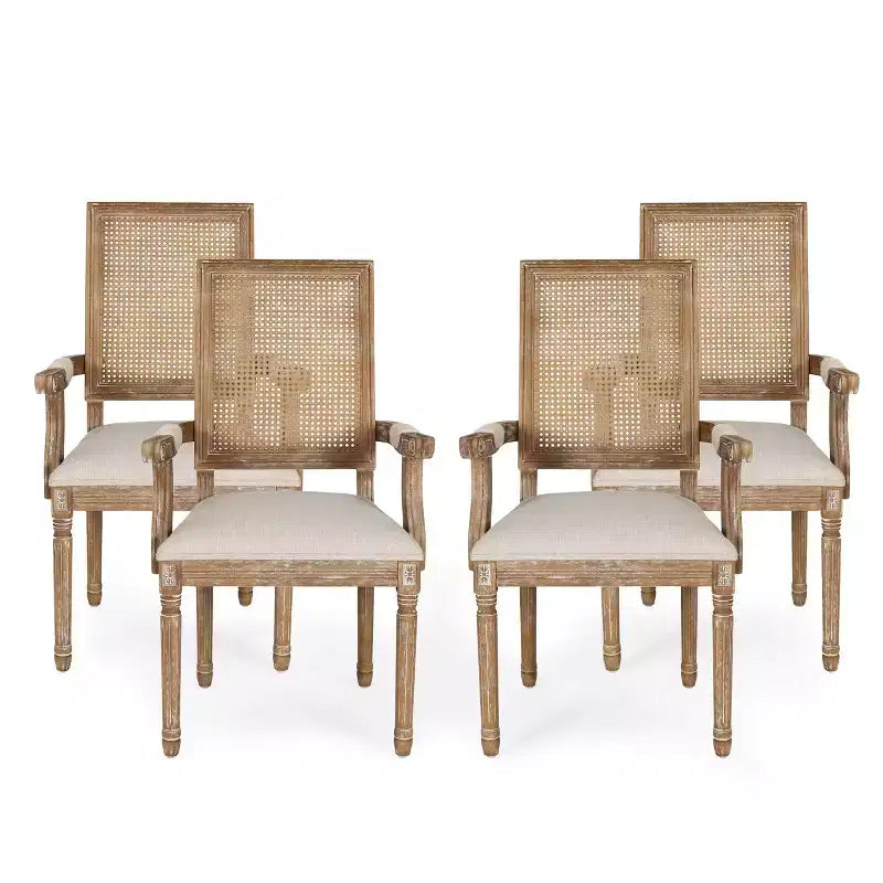 Sedia da pranzo imbottita con braccioli, stile rustico francese, beige/noce, set da 4