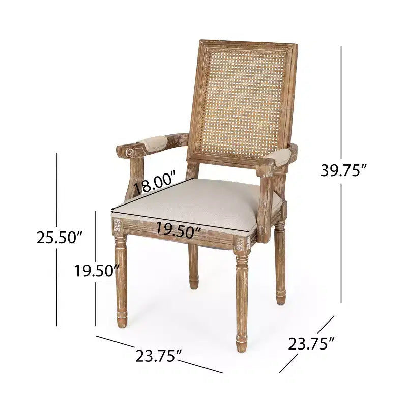 Sedia da pranzo imbottita con braccioli, stile rustico francese, beige/noce, set da 4