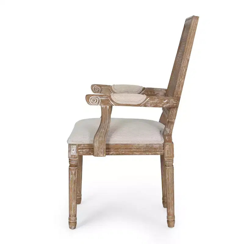 Sedia da pranzo imbottita con braccioli, stile rustico francese, beige/noce, set da 4