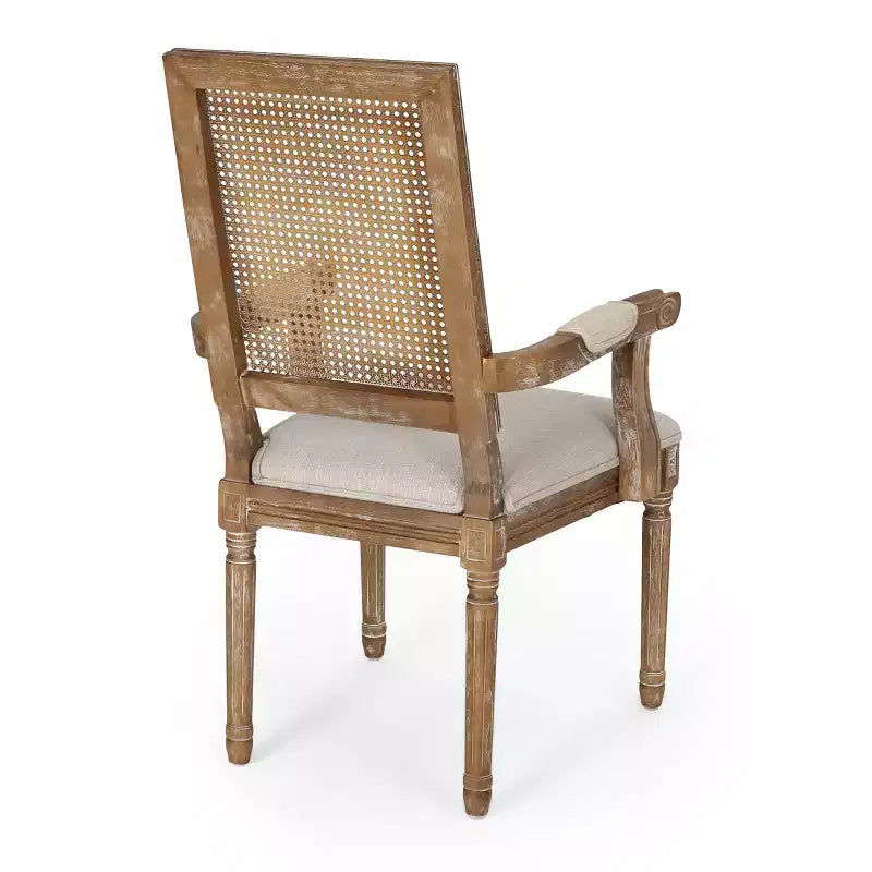 Sedia da pranzo imbottita con braccioli, stile rustico francese, beige/noce, set da 4