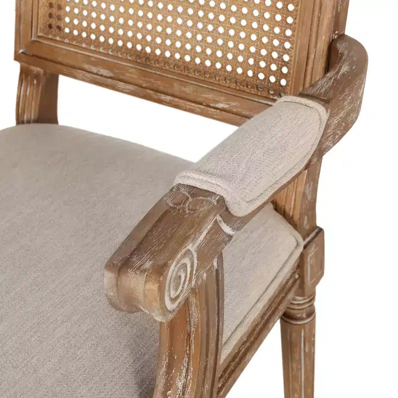Sedia da pranzo imbottita con braccioli, stile rustico francese, beige/noce, set da 4