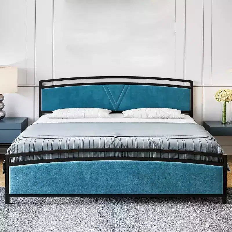Acekool Queen Size Velvet Curved Platform Bed Frame with Storage, Upholstered Headboard & Footboard, Heavy-Duty Metal Slats, Noise-Free, Gray