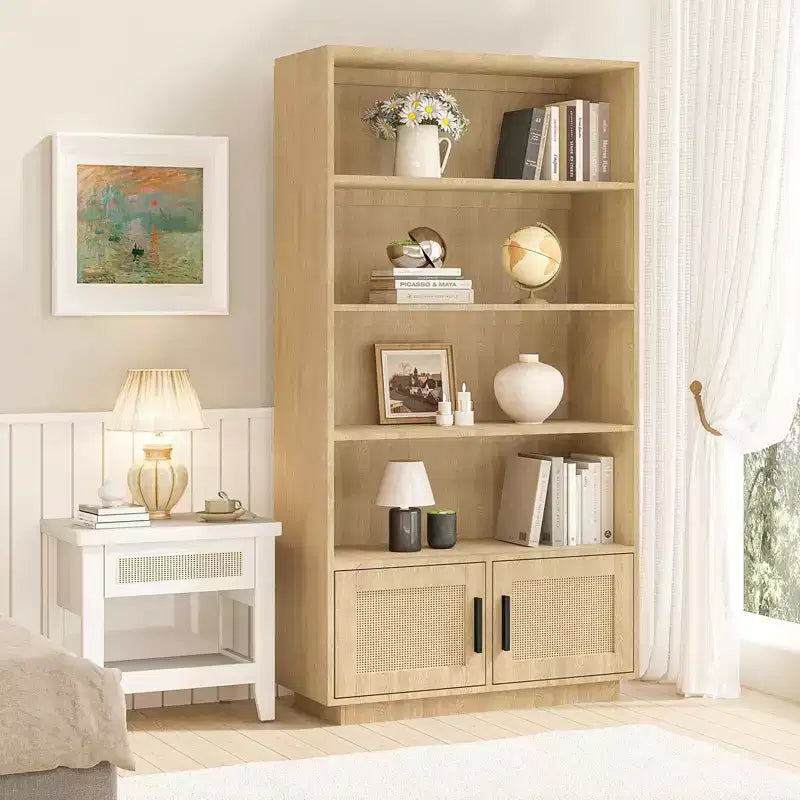 Libreria a 5 Ripiani con Ante in Rattan – Nero/Legno, Aperta e Chiusa, Montaggio in 1 Persona