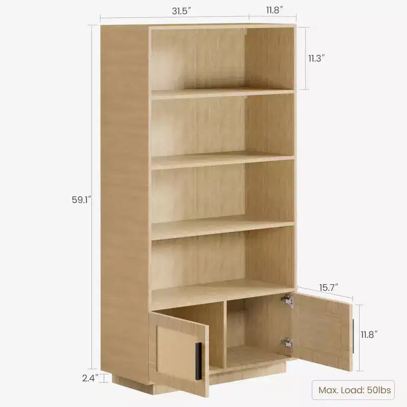 Libreria a 5 Ripiani con Ante in Rattan – Nero/Legno, Aperta e Chiusa, Montaggio in 1 Persona