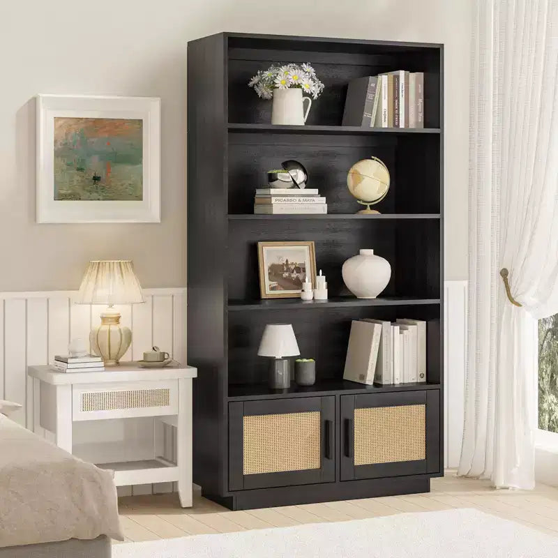 Libreria a 5 Ripiani con Ante in Rattan – Nero/Legno, Aperta e Chiusa, Montaggio in 1 Persona