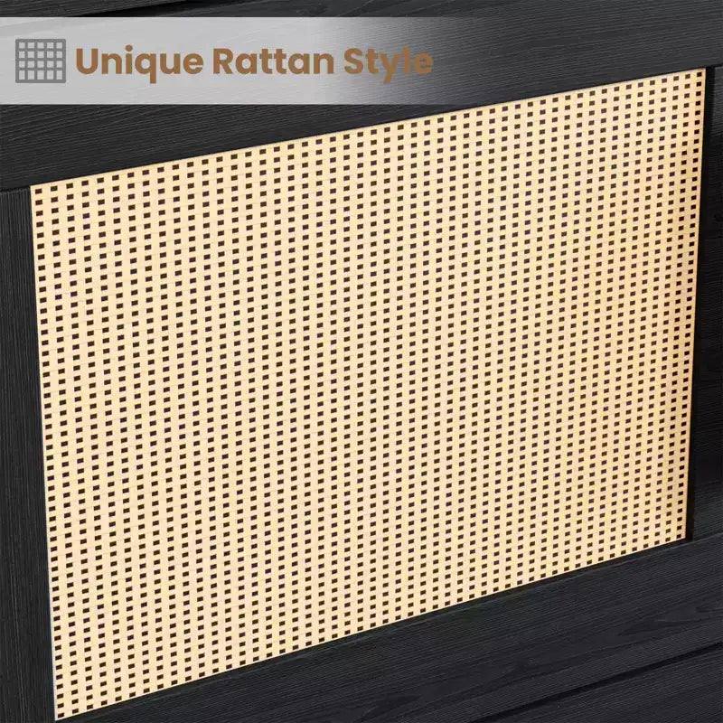 Libreria a 5 Ripiani con Ante in Rattan – Nero/Legno, Aperta e Chiusa, Montaggio in 1 Persona