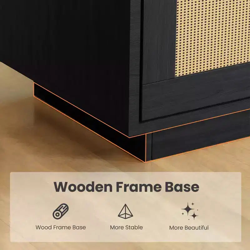 Libreria a 5 Ripiani con Ante in Rattan – Nero/Legno, Aperta e Chiusa, Montaggio in 1 Persona