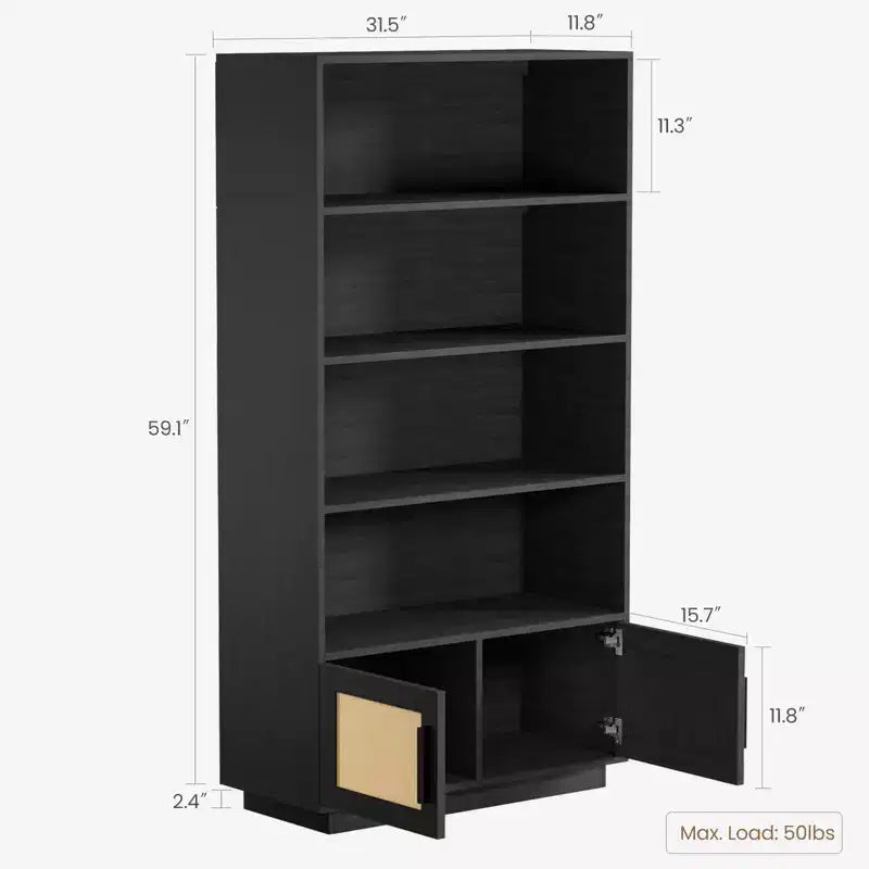 Libreria a 5 Ripiani con Ante in Rattan – Nero/Legno, Aperta e Chiusa, Montaggio in 1 Persona