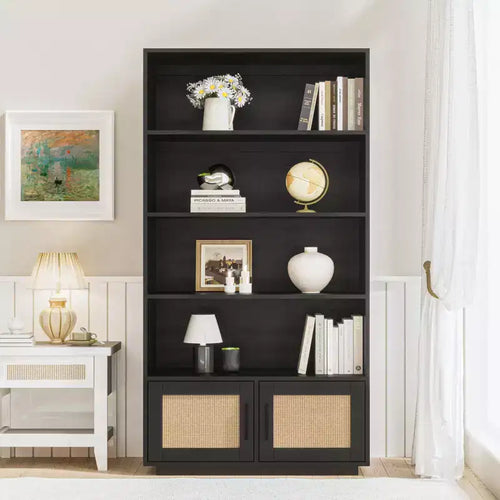 5-Tier Wooden Bookcase with Rattan Doors  Tall Bookshelf with Storage for Living Room, Bedroom, Home Office and Kitchen