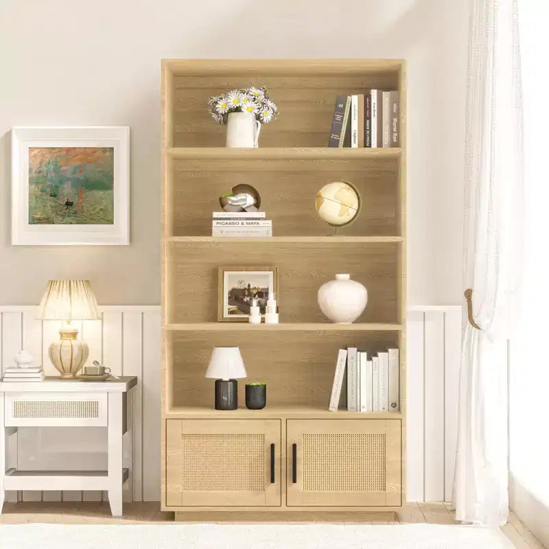 Libreria a 5 Ripiani con Ante in Rattan – Nero/Legno, Aperta e Chiusa, Montaggio in 1 Persona
