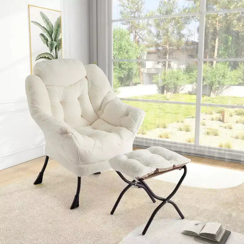 Poltrona Lounge in Peluche Grigio Scuro e Ottomana, 1 Posto