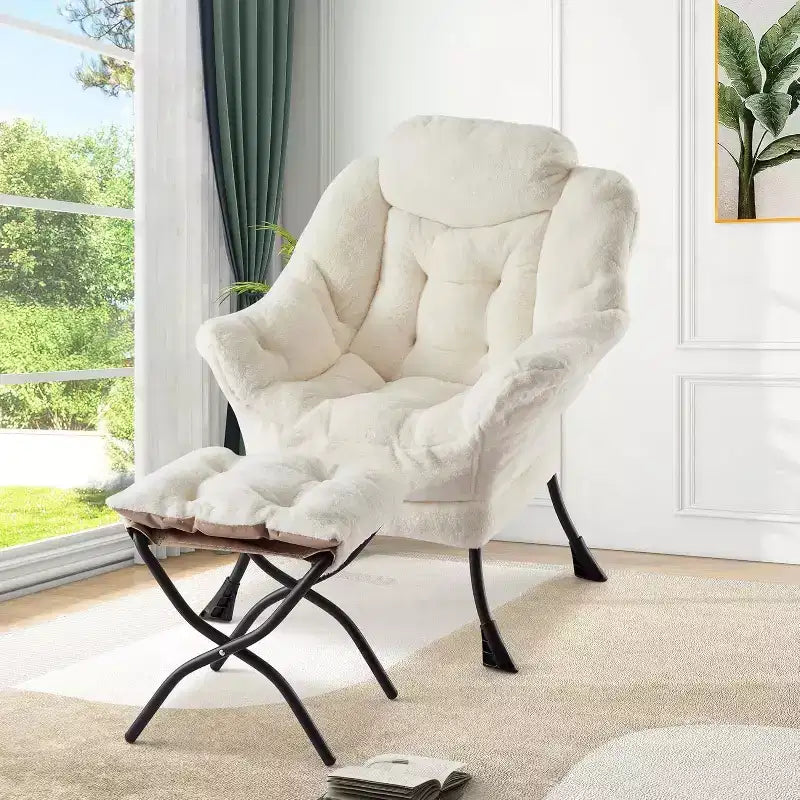 Poltrona Lounge in Peluche Grigio Scuro e Ottomana, 1 Posto