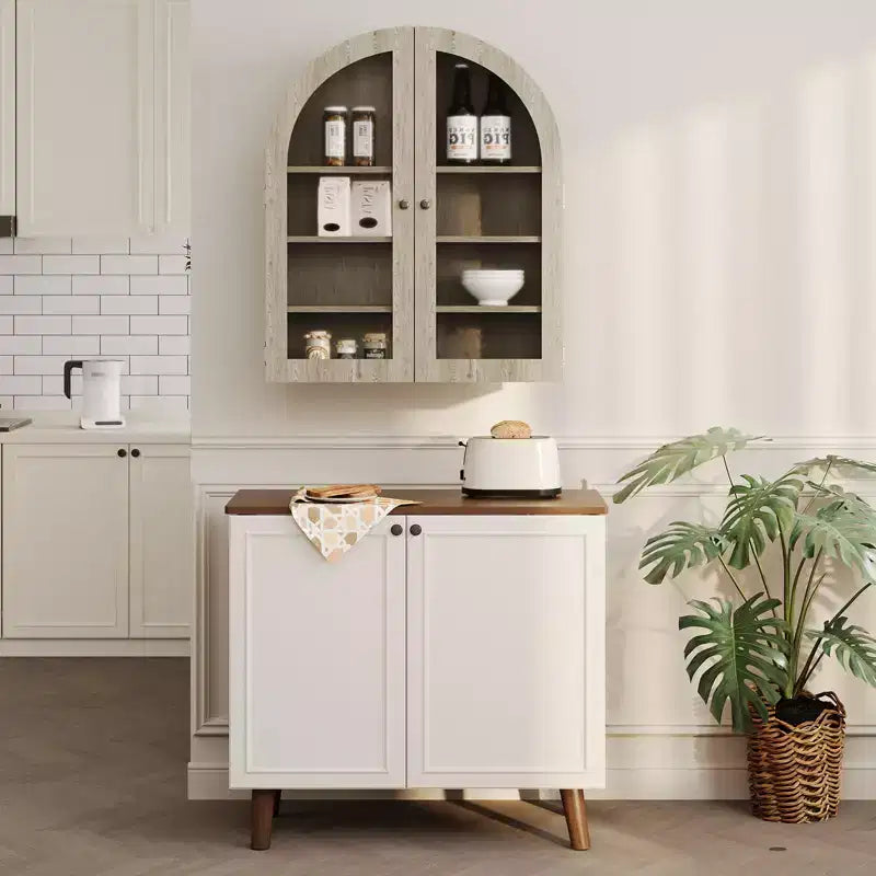 Pensile ad arco con ante in vetro e ripiani regolabili – Nero / Grigio chiaro / Rovere