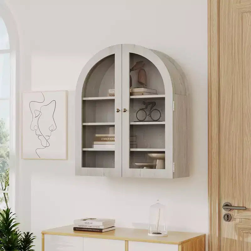 Pensile ad arco con ante in vetro e ripiani regolabili – Nero / Grigio chiaro / Rovere