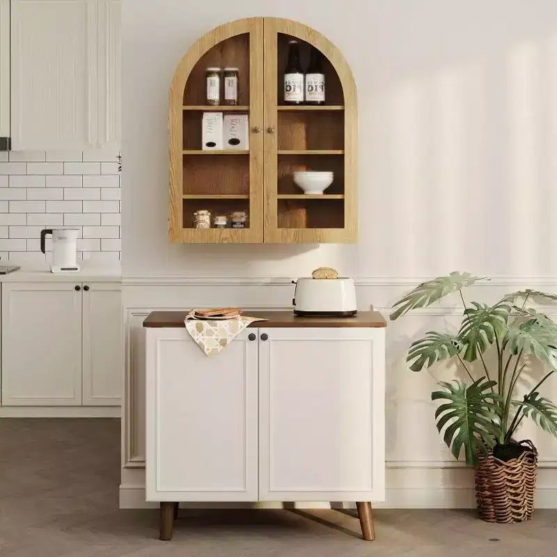 Pensile ad arco con ante in vetro e ripiani regolabili – Nero / Grigio chiaro / Rovere
