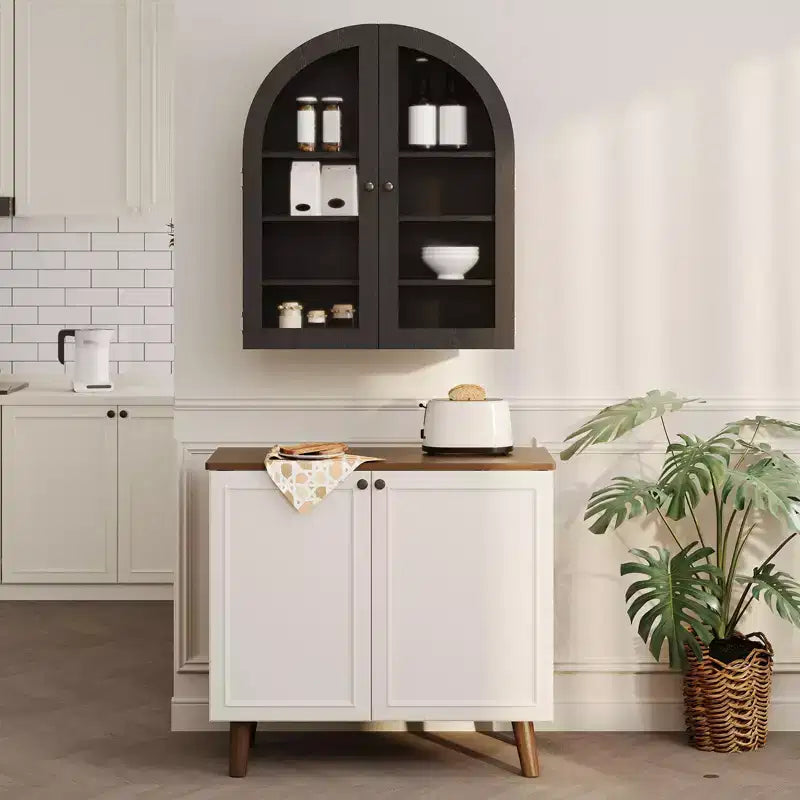 Pensile ad arco con ante in vetro e ripiani regolabili – Nero / Grigio chiaro / Rovere