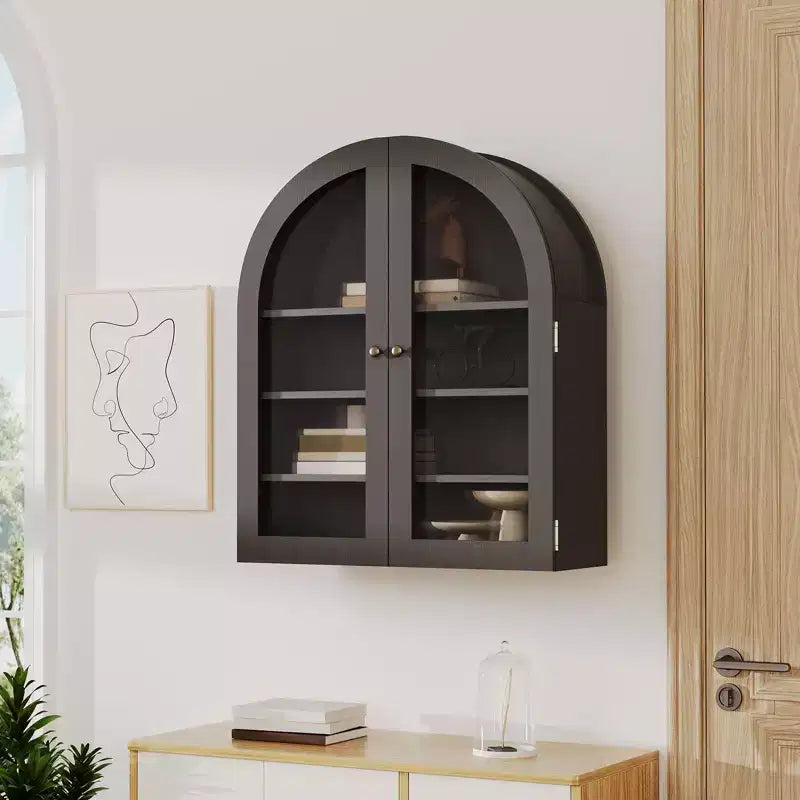 Pensile ad arco con ante in vetro e ripiani regolabili – Nero / Grigio chiaro / Rovere