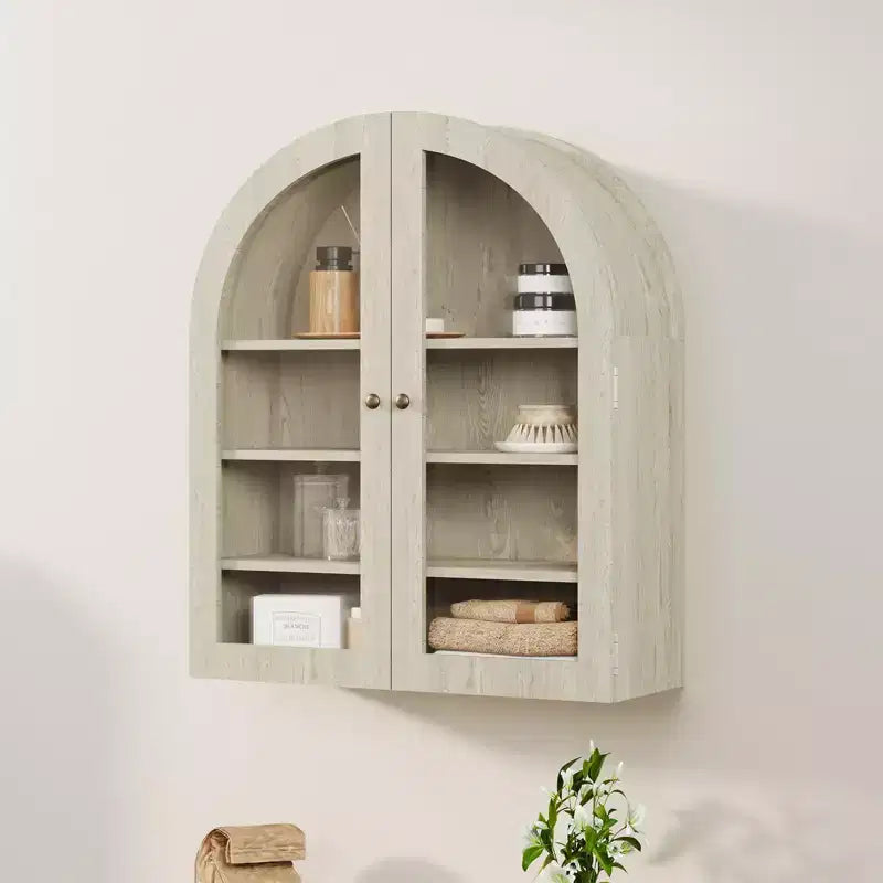 Pensile ad arco con ante in vetro e ripiani regolabili – Nero / Grigio chiaro / Rovere