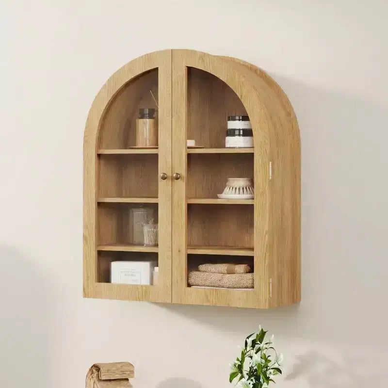 Pensile ad arco con ante in vetro e ripiani regolabili – Nero / Grigio chiaro / Rovere