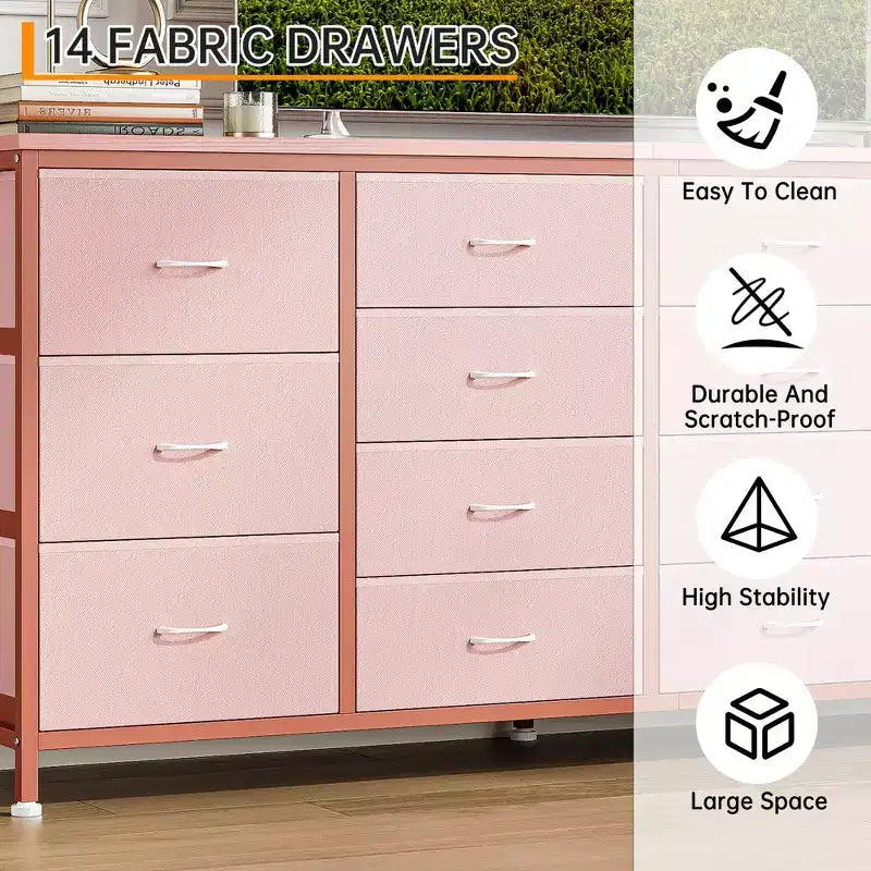 Mobile TV con cassetti in tessuto da 141 cm e 14 cassetti – Rosa / Tigrato / Pelle bianca – Adatto a TV fino a 190 cm – 1 Persona