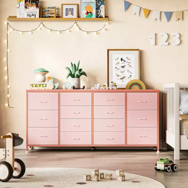 Mobile TV con cassetti in tessuto da 141 cm e 14 cassetti – Rosa / Tigrato / Pelle bianca – Adatto a TV fino a 190 cm – 1 Persona