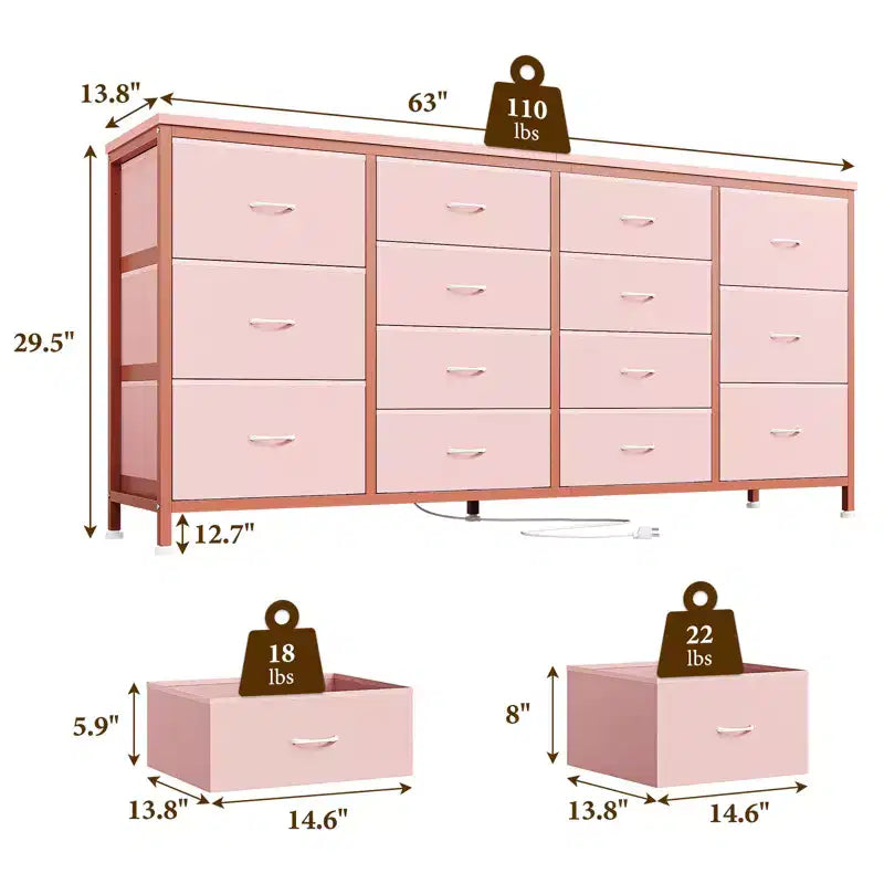 Mobile TV con cassetti in tessuto da 141 cm e 14 cassetti – Rosa / Tigrato / Pelle bianca – Adatto a TV fino a 190 cm – 1 Persona