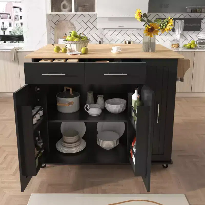 Isola da Cucina Nera con Ruote, Ante a Scomparsa, Mobiletto Estraibile a 3 Livelli e 2 Cassetti